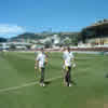 Matthew Walker and Stephen Fleming walk off after having some batting practice