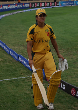 Australian batsman Lisa Sthalekar preparing for her turn out in the middle