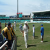Matthew Hoggard and Steve Harmison leave the field after bowling practice